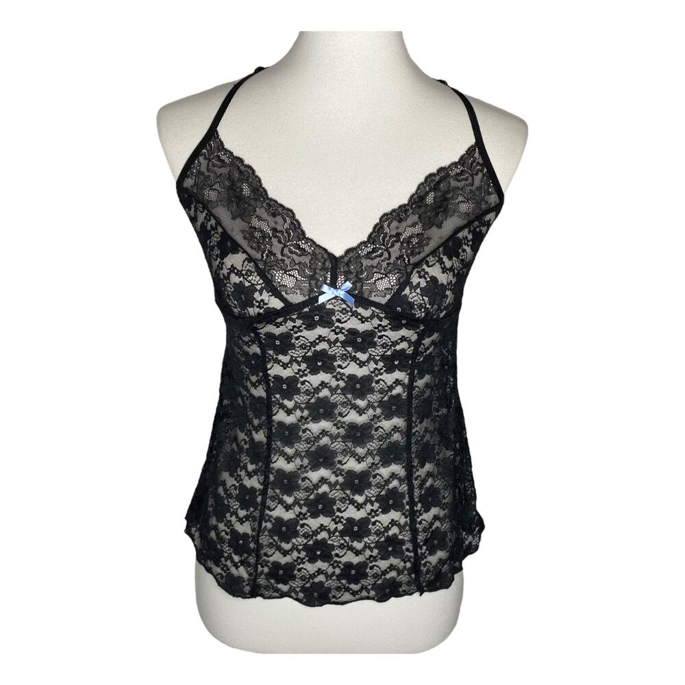 Apt 9 Lace Camisole Tank Top M Black Sheer V Neck Coquette Y2K Grunge Fairycore